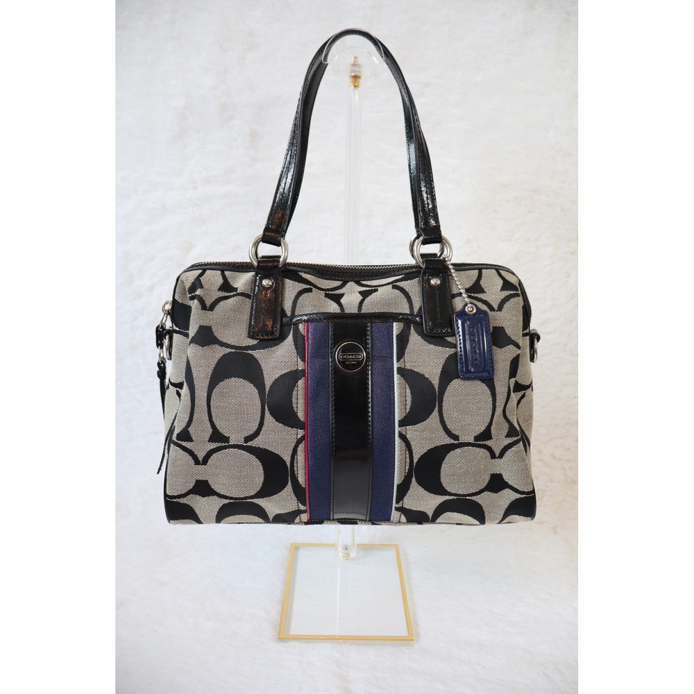 COACH Signature Multi Stripe Satchel Handbag Black Gray Monogram Canvas F25526